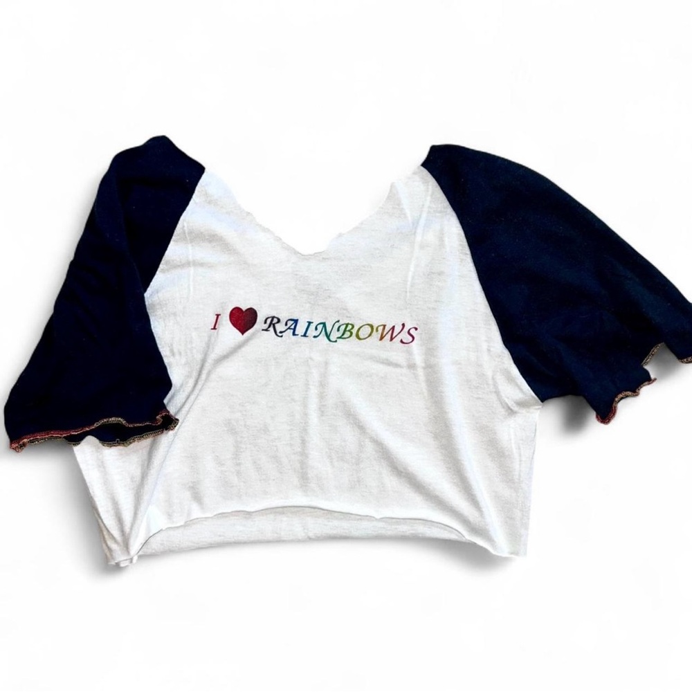 Vintage 90s Upcycled Short Sleeve Raglan Cropped Skater Tee Festival Top V-Neck